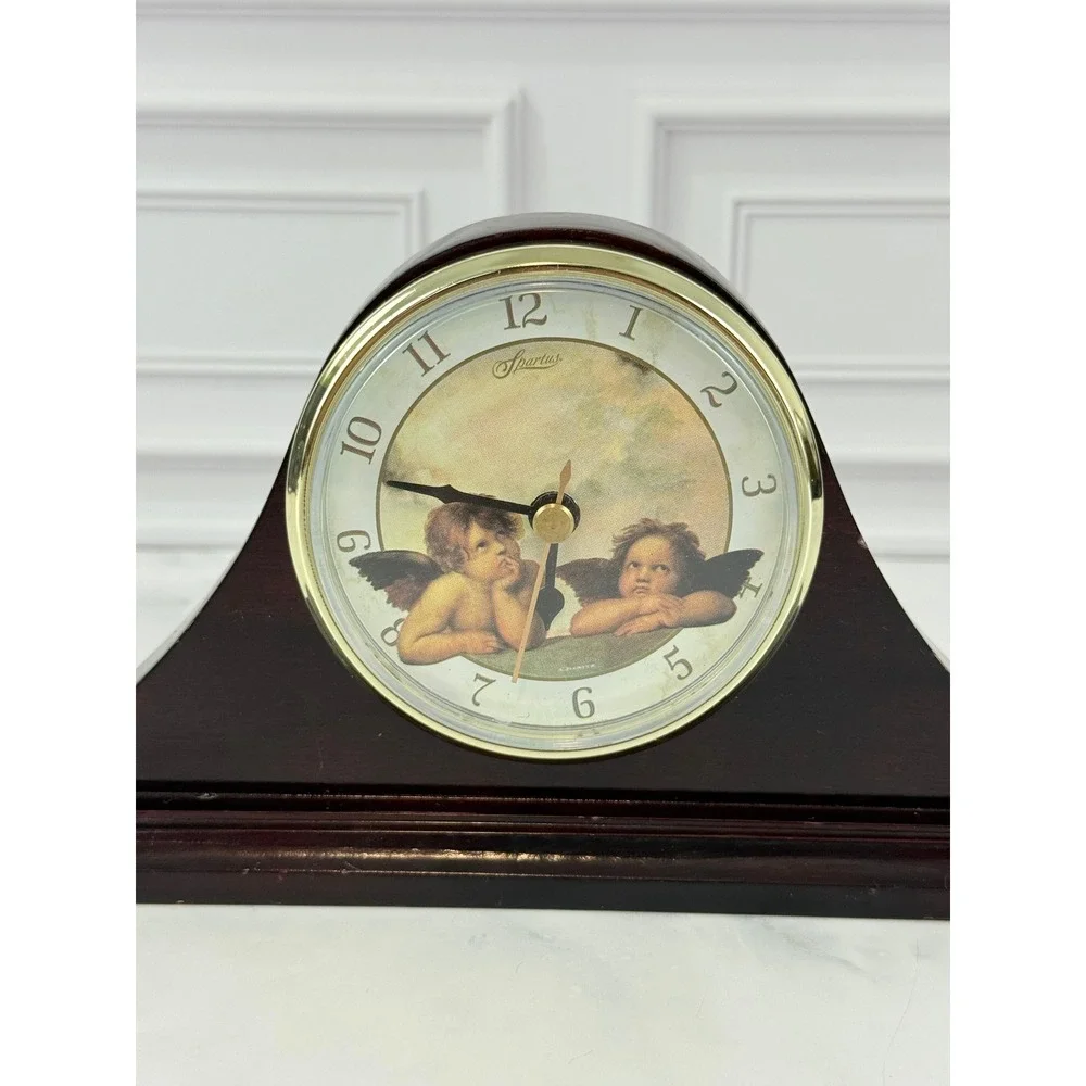 VTG 1990s Spartus Quartz Mini Wooden Mantle Clock Cherub Scene 9